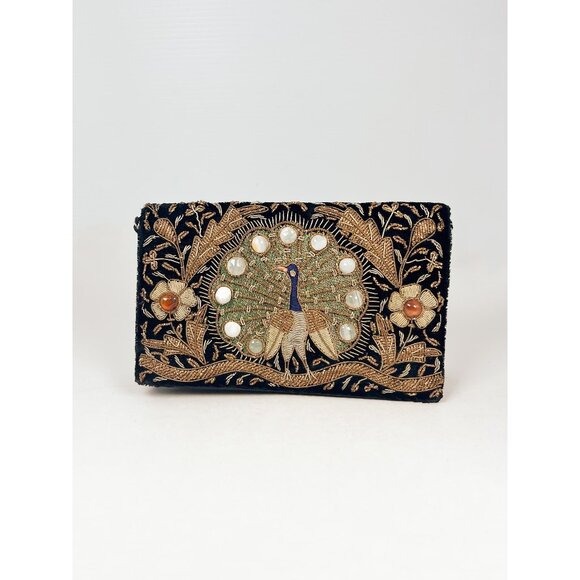 Vintage Zardozi embroidered peacock clutch with gemstone crystals - Picture 1 of 9